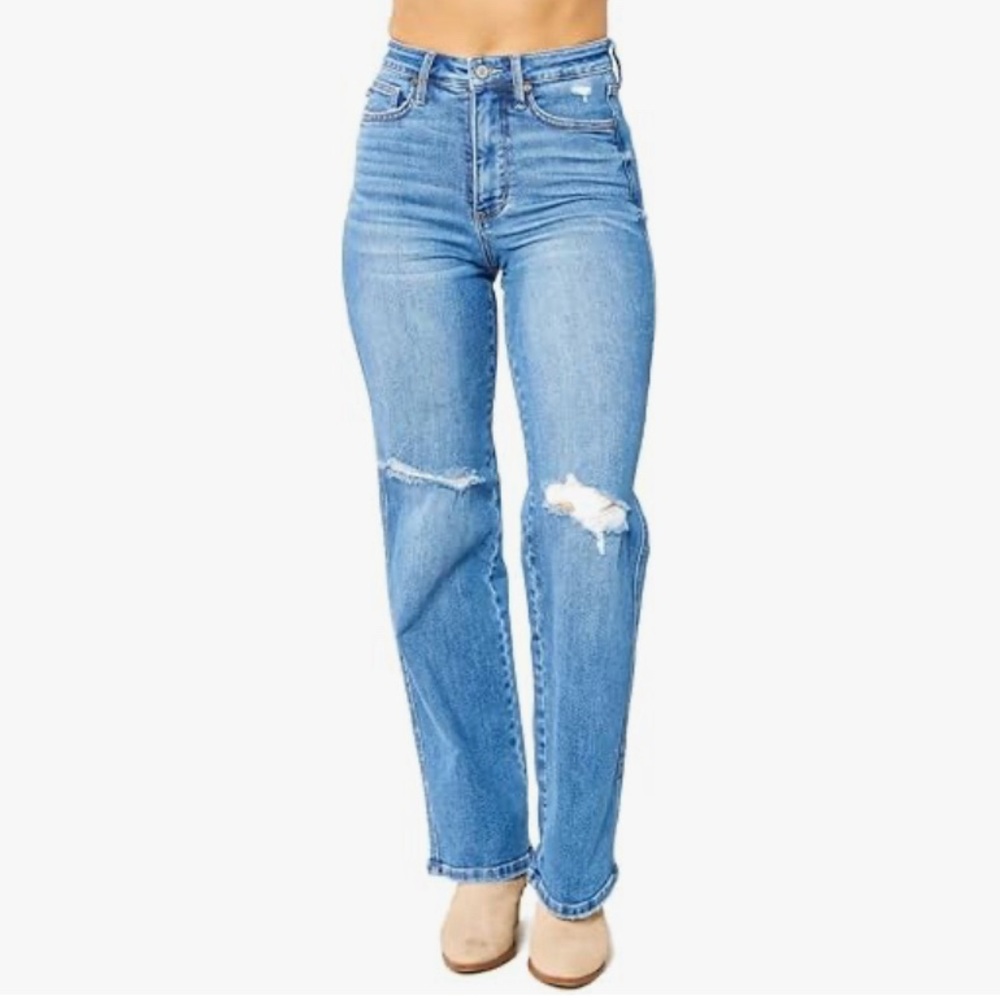 NWT Judy Blue High Rise Destroyed Knee Straight Jeans-Tummy Control-Size 13/31
